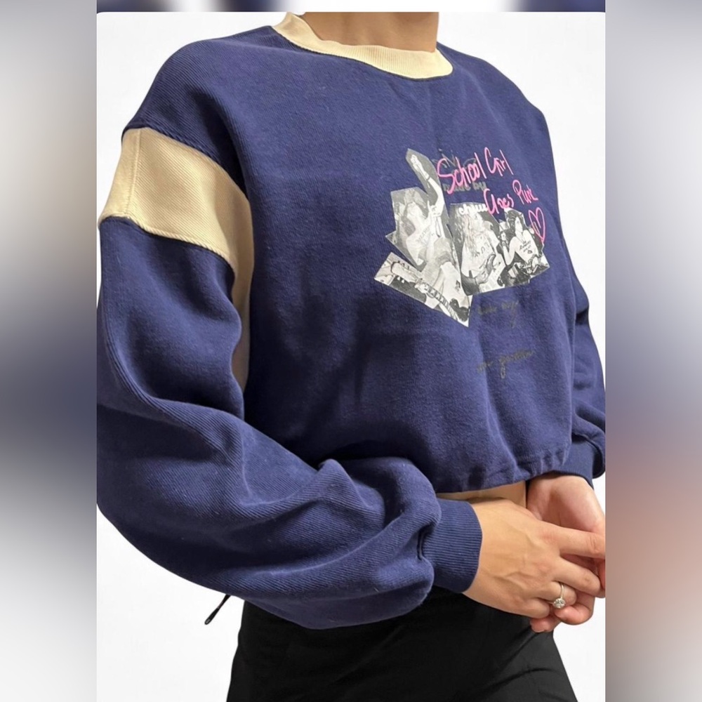 Navy and Cream Graphic Women's Crew Neck Sweater